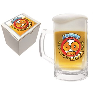 Bicchiere/Boccale con manico per la birra  60 anni - 1 pezzo - in vetro- con stampa Auguri per i tuoi 60 a tutta birra