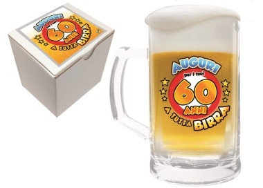  Bicchiere/Boccale con manico per la birra  60 anni - 1 pezzo - in vetro- con stampa Auguri per i tuoi 60 a tutta birra