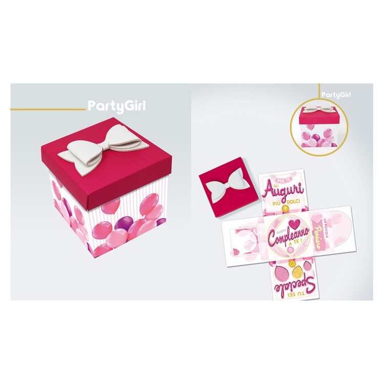 Biglietto sorpresa BUON COMPLEANNO  Box Skatush  fantasia palloncini fucsia e rosa   pz 1