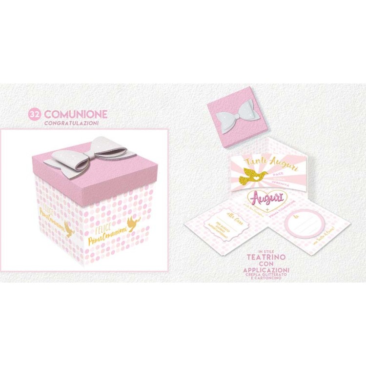 Biglietto sorpresa FELICE PRIMA COMUNIONE FEMMINA   Box Skatush  fantasia Pois fucsia    pz 1