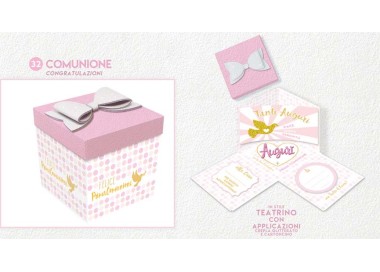Biglietto sorpresa FELICE PRIMA COMUNIONE FEMMINA   Box Skatush  fantasia Pois fucsia    pz 1