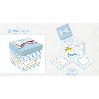 Biglietto sorpresa FELICE PRIMA COMUNIONE MASCHIO   Box Skatush  fantasia Pois celeste   pz 1
