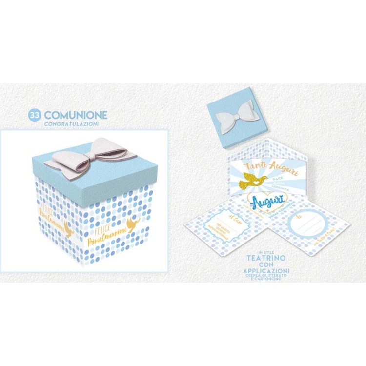 Biglietto sorpresa FELICE PRIMA COMUNIONE MASCHIO   Box Skatush  fantasia Pois celeste   pz 1