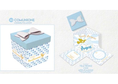 Biglietto sorpresa FELICE PRIMA COMUNIONE MASCHIO   Box Skatush  fantasia Pois celeste   pz 1