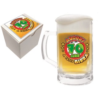  Bicchiere/Boccale con manico per la birra  70 anni - 1 pezzo - in vetro- con stampa Auguri per i tuoi 70 a tutta birra