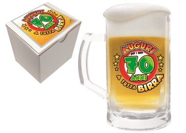  Bicchiere/Boccale con manico per la birra  70 anni - 1 pezzo - in vetro- con stampa Auguri per i tuoi 70 a tutta birra