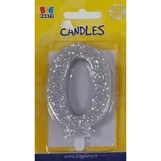 Candelina di cera  8 cm numero 0 di colore argento  con brillantini incorporati   pz 1