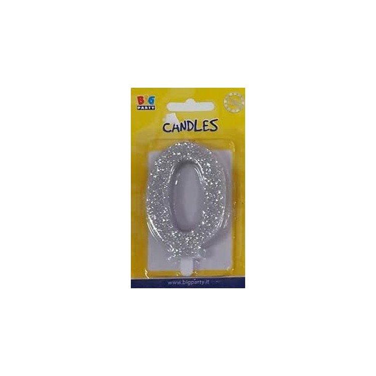 Candelina di cera  8 cm numero 0 di colore argento  con brillantini incorporati   pz 1
