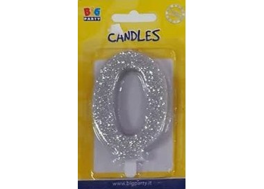 Candelina di cera  8 cm numero 0 di colore argento  con brillantini incorporati   pz 1