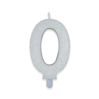 Candelina di cera  8 cm numero 0 di colore Bianco  con brillantini incorporati   pz 1