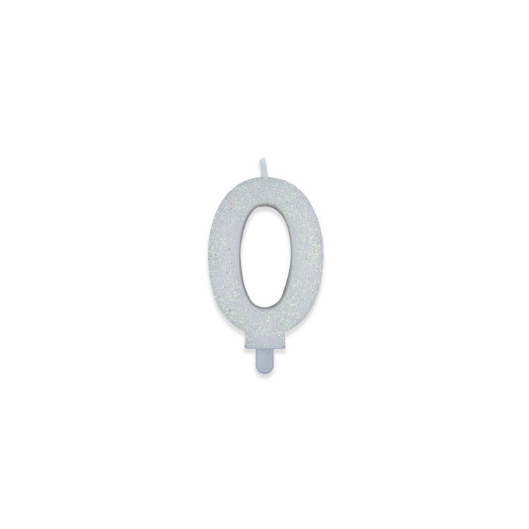 Candelina di cera  8 cm numero 0 di colore Bianco  con brillantini incorporati   pz 1