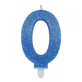 Candelina di cera  8 cm numero 0 di colore celeste   con brillantini incorporati   pz 1