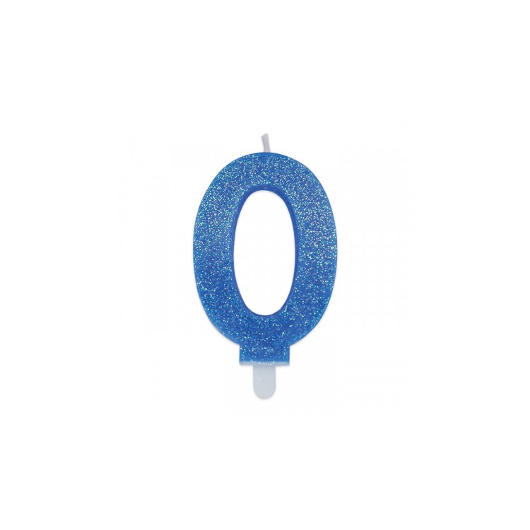Candelina di cera  8 cm numero 0 di colore celeste   con brillantini incorporati   pz 1