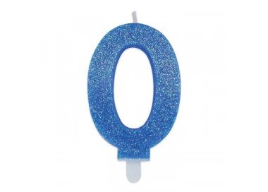 Candelina di cera  8 cm numero 0 di colore celeste   con brillantini incorporati   pz 1