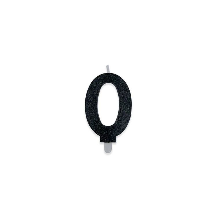 Candelina di cera  8 cm numero 0 di colore Nero  con brillantini incorporati   pz 1
