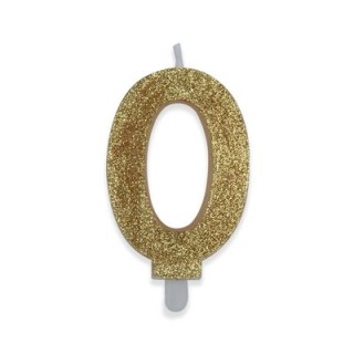 Candelina di cera  8 cm numero 0 di colore Oro  con brillantini incorporati   pz 1