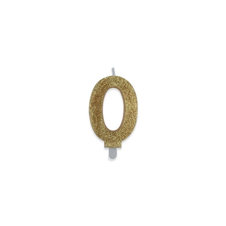 Candelina di cera  8 cm numero 0 di colore Oro  con brillantini incorporati   pz 1