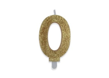 Candelina di cera  8 cm numero 0 di colore Oro  con brillantini incorporati   pz 1