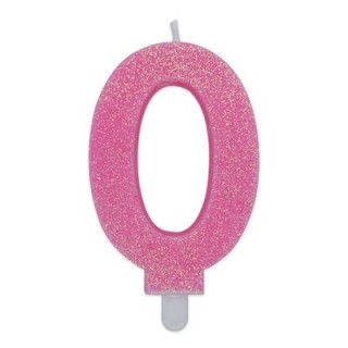 Candelina di cera  8 cm numero 0 di colore rosa   con brillantini incorporati   pz 1