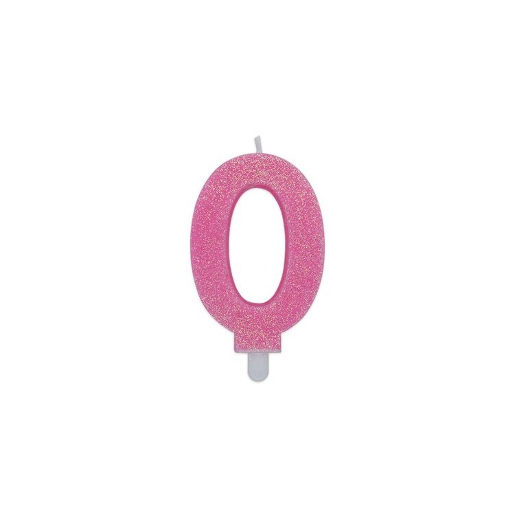 Candelina di cera  8 cm numero 0 di colore rosa   con brillantini incorporati   pz 1