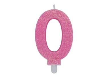 Candelina di cera  8 cm numero 0 di colore rosa   con brillantini incorporati   pz 1