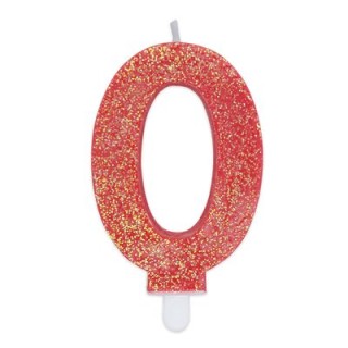 Candelina di cera  8 cm numero 0 di colore rosso   con brillantini incorporati   pz 1