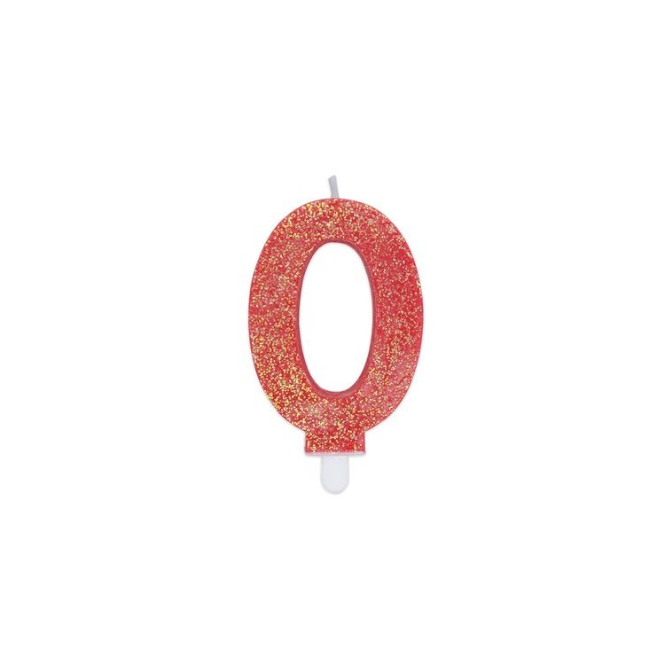 Candelina di cera  8 cm numero 0 di colore rosso   con brillantini incorporati   pz 1
