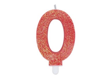 Candelina di cera  8 cm numero 0 di colore rosso   con brillantini incorporati   pz 1