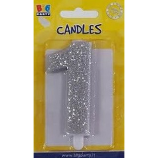 Candelina di cera  8 cm numero 1 di colore argento  con brillantini incorporati   pz 1