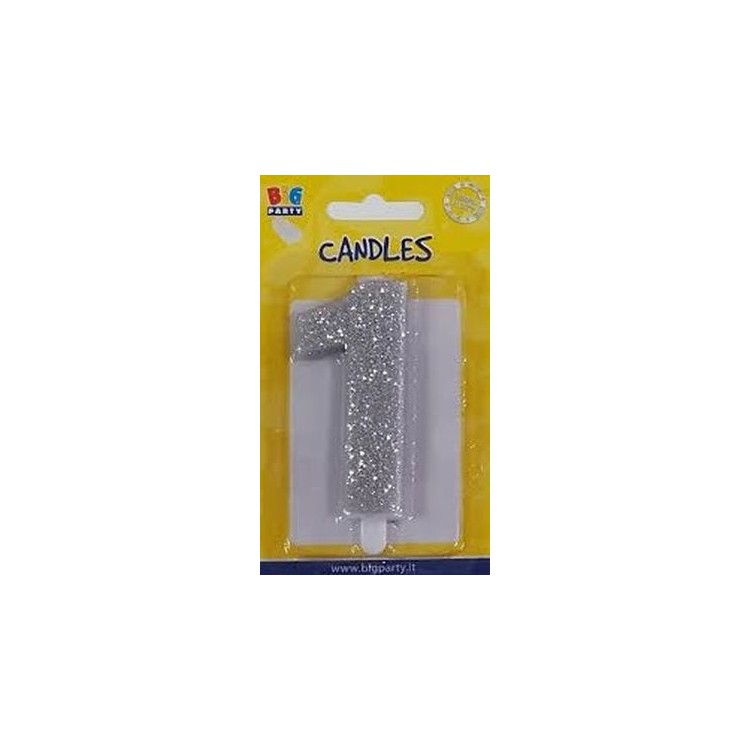 Candelina di cera  8 cm numero 1 di colore argento  con brillantini incorporati   pz 1