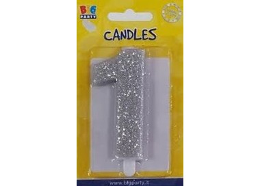 Candelina di cera  8 cm numero 1 di colore argento  con brillantini incorporati   pz 1