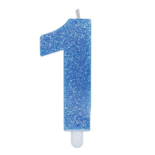 Candelina di cera  8 cm numero 1 di colore celeste   con brillantini incorporati   pz 1