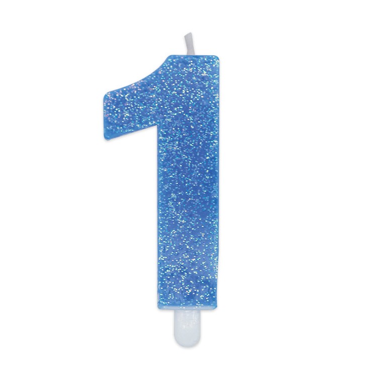 Candelina di cera  8 cm numero 1 di colore celeste   con brillantini incorporati   pz 1