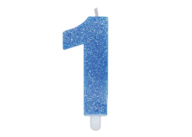 Candelina di cera  8 cm numero 1 di colore celeste   con brillantini incorporati   pz 1