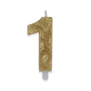 Candelina di cera  8 cm numero 1 di colore Oro  con brillantini incorporati   pz 1