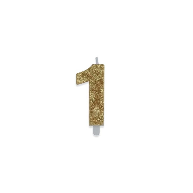 Candelina di cera  8 cm numero 1 di colore Oro  con brillantini incorporati   pz 1