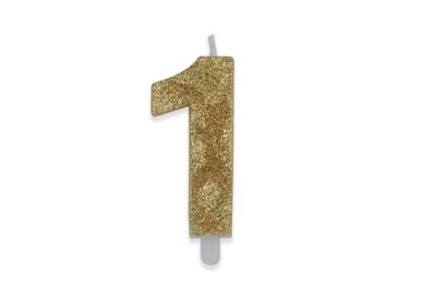 Candelina di cera  8 cm numero 1 di colore Oro  con brillantini incorporati   pz 1