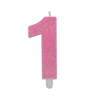Candelina di cera  8 cm numero 1 di colore rosa   con brillantini incorporati   pz 1
