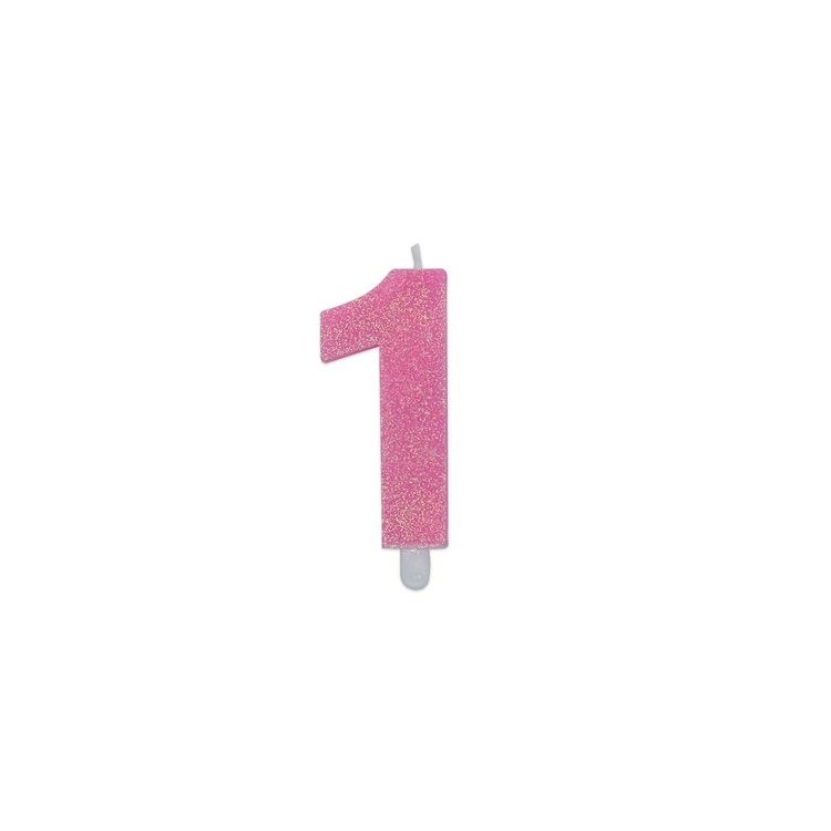 Candelina di cera  8 cm numero 1 di colore rosa   con brillantini incorporati   pz 1