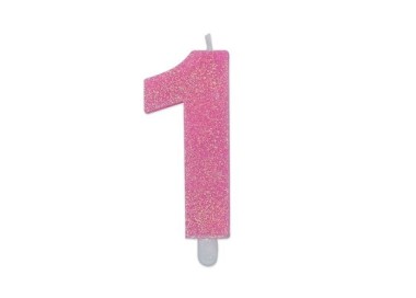 Candelina di cera  8 cm numero 1 di colore rosa   con brillantini incorporati   pz 1