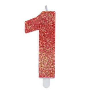 Candelina di cera  8 cm numero 1 di colore rosso   con brillantini incorporati   pz 1