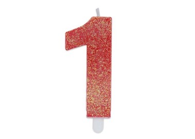 Candelina di cera  8 cm numero 1 di colore rosso   con brillantini incorporati   pz 1