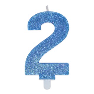 Candelina di cera  8 cm numero 2 di colore celeste   con brillantini incorporati   pz 1