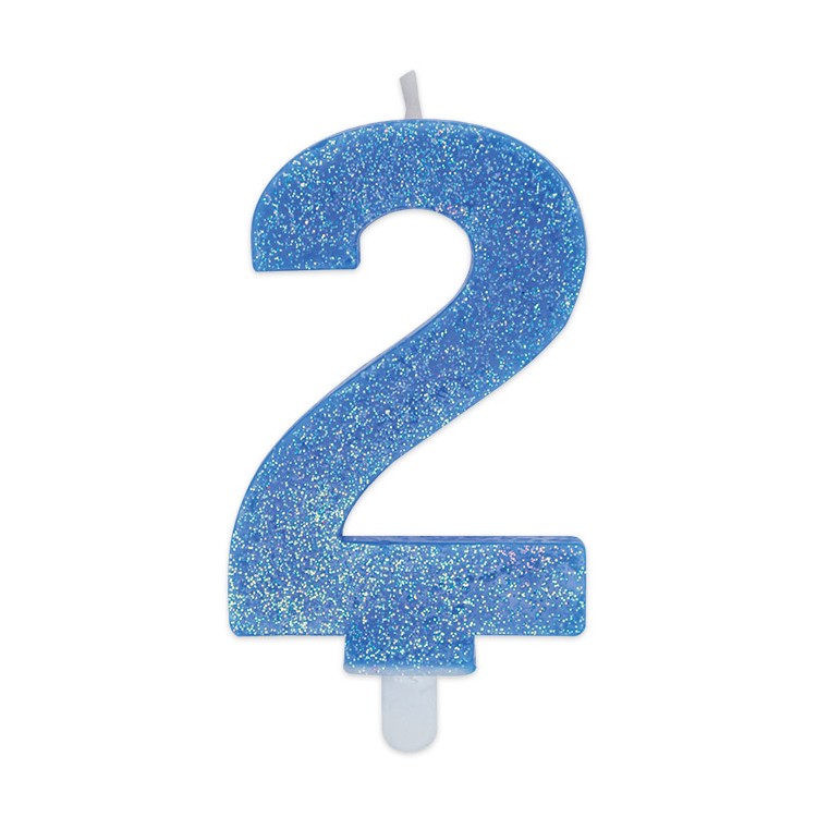Candelina di cera  8 cm numero 2 di colore celeste   con brillantini incorporati   pz 1