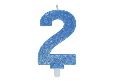 Candelina di cera  8 cm numero 2 di colore celeste   con brillantini incorporati   pz 1