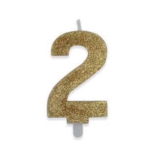 Candelina di cera  8 cm numero 2 di colore Oro  con brillantini incorporati   pz 1