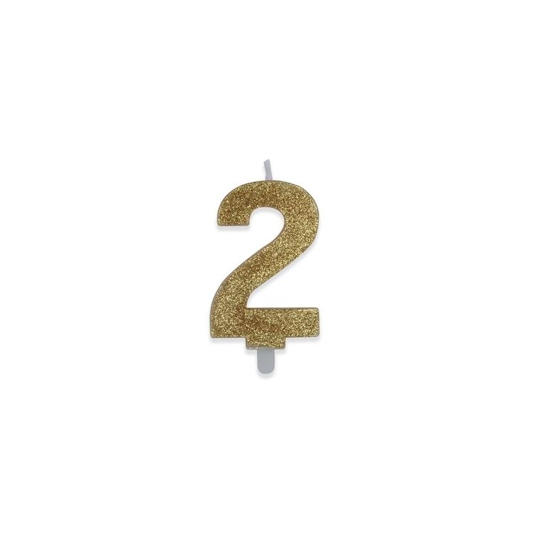 Candelina di cera  8 cm numero 2 di colore Oro  con brillantini incorporati   pz 1