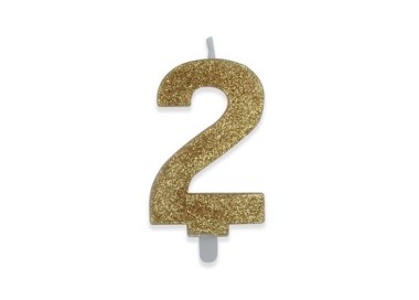 Candelina di cera  8 cm numero 2 di colore Oro  con brillantini incorporati   pz 1