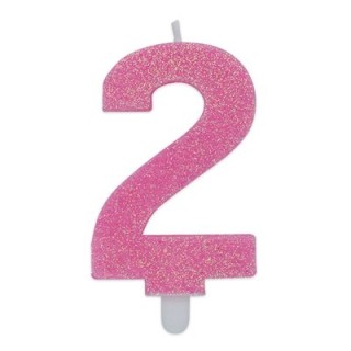 Candelina di cera  8 cm numero 2 di colore rosa   con brillantini incorporati   pz 1