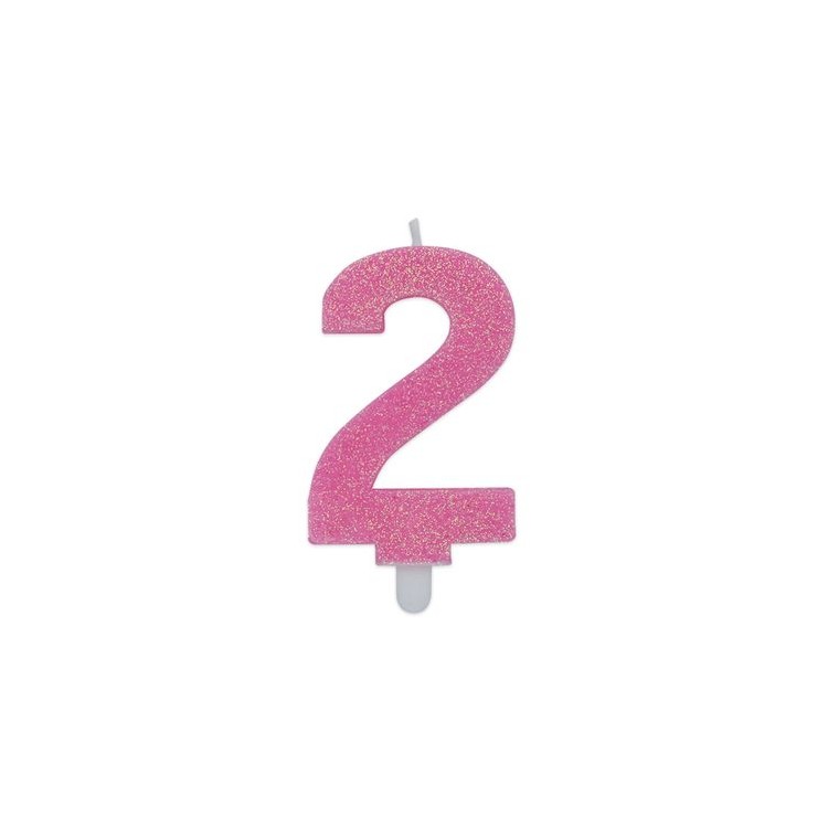 Candelina di cera  8 cm numero 2 di colore rosa   con brillantini incorporati   pz 1